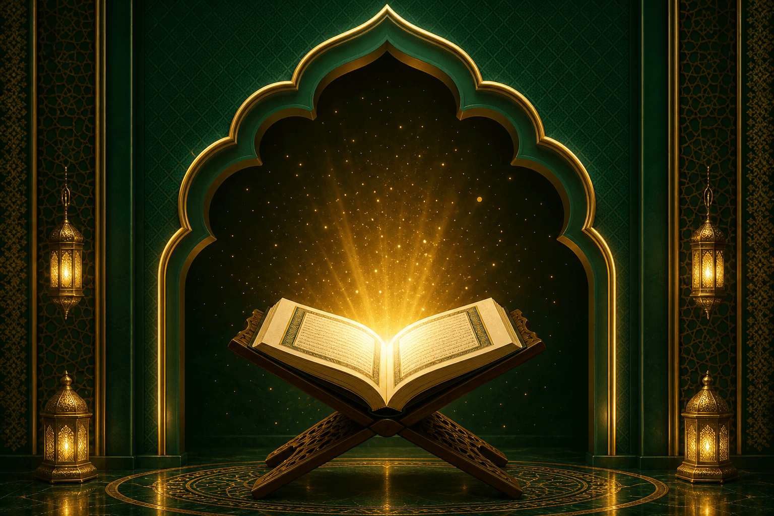 Open Quran glowing with golden light inside an emerald mihrab arch